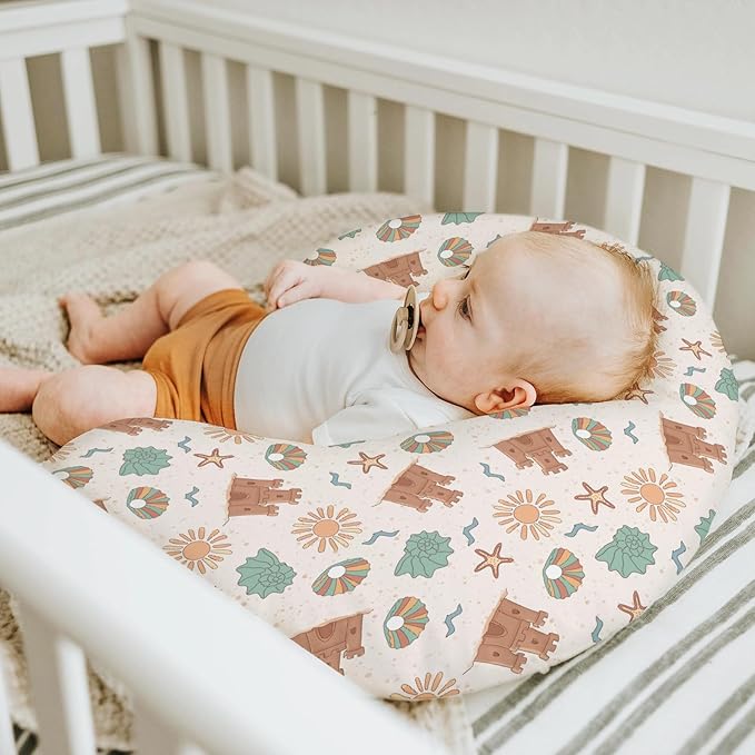 Boho Beach Summer Baby Nursing Pillow Covers for Boy Girl Retro Seaside Holiday Nursery Slipcovers for Breastfeeding Pillows Sun Seashells Castle Soft Stretchy Removable Cover for Newborn Infant