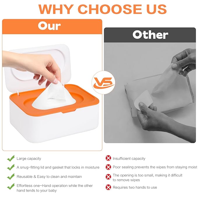 2Pcs Wipe Dispenser, Reusable Baby Wipe Holder Refillable Wipes Container, Easy Open & Close Wipes Pouch Case with Lid for Bathroom Baby Nursery Kitchen Office Travel (Orange/Gray)