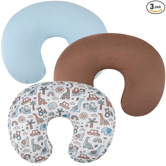 Nursing Pillow Cover Set 3 Pack Nursing Pillow Slipcovers for Moms Breastfeeding Moms, Ultra-Soft Stretchy Fit Standard Nursing Pillows Light Blue/Brown/Car