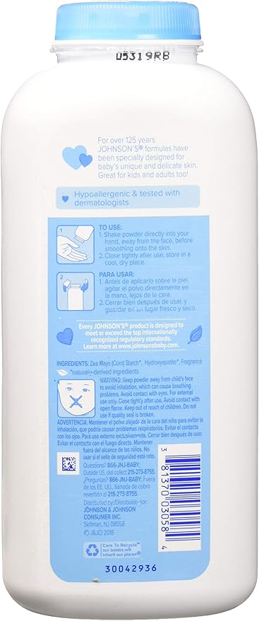 Johnson & Johnson Pure Cornstarch Baby Powder with Soothing Aloe Vera & Vitamin-E ,15 Ounce (6 Pack) (8978449)