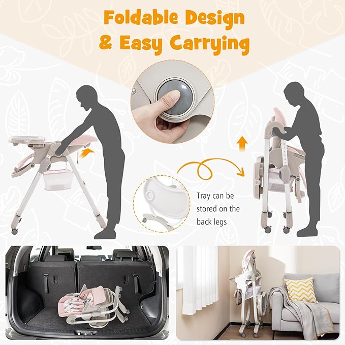BABY JOY High Chair, Foldable Baby High Chair with Adjustable Height, Recline & Footrest, Double Removable Tray, Storage Basket, Portable Chair with Wheels for Babies & Toddlers (Pink)