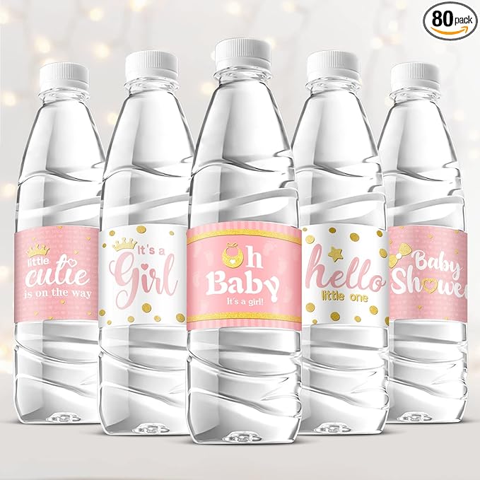 Teling 80 Pieces Baby Shower Water Bottle Labels Waterproof Water Bottle Stickers Wrappers Labels for Baby Shower Party Decoration(Pink Girl Style)