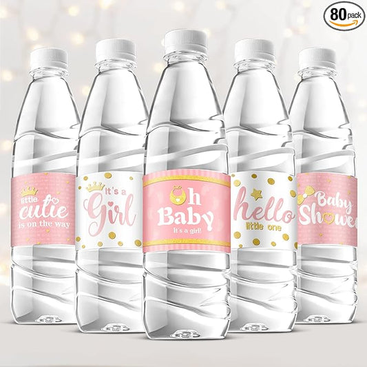 Teling 80 Pieces Baby Shower Water Bottle Labels Waterproof Water Bottle Stickers Wrappers Labels for Baby Shower Party Decoration(Pink Girl Style)