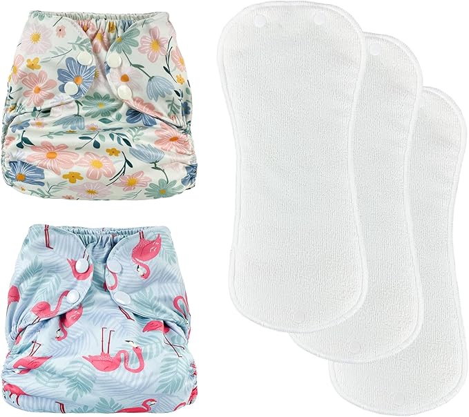 BISENKID 2 Pack Plastic Training Pants Plastic Underwear for Toddlers - Adjustable Outer Shell with 3 Pack Absorbent Diaper Liners to Prevent Urine Blowouts for Baby Girl, Size 2 (18-35Pound)