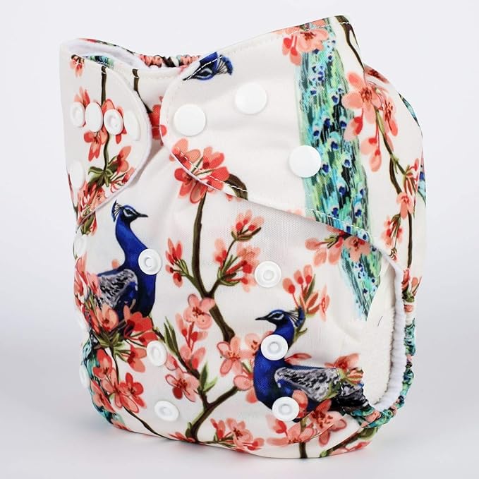 Baby Pocket Diaper Nappy Reusable Washable 8lbs to 36lbs (Peacock Flowers)