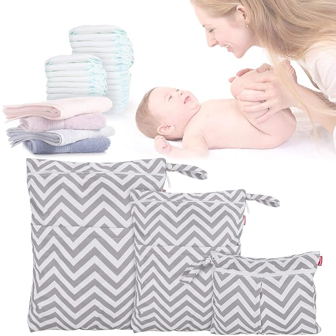 Damero 3pcs Travel Wet and Dry Bag Organizer with Handle for Cloth Diaper, Pumping Parts, Swimsuit and More, Easy to Grab and Go, Gray Chevron
