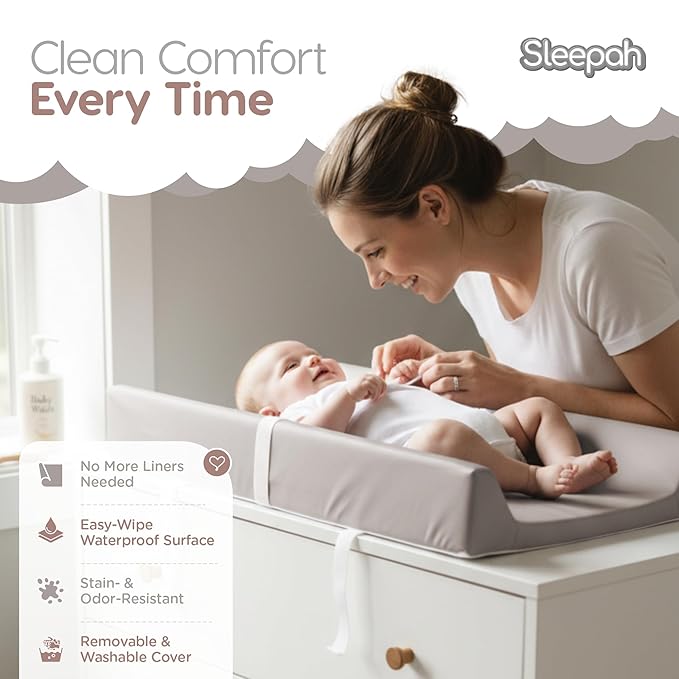 Waterproof Vegan Leather Contoured Baby Changing Pad | Wipe-Clean PU Leather Diaper Change Mat, Soft, Wipeable Removable & Washable Cover, Non-Slip Bottom, Standard Infant Diaper Table & Dresser Grey