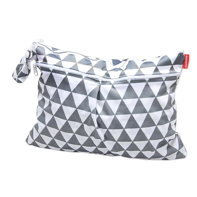 Damero 2pcs Travel Wet and Dry Bag with Handle for Cloth Diaper, Pumping Parts, Clothes, Swimsuit and More, Easy to Grab and Go (Small, Gray Triangle+ Gray Dots)