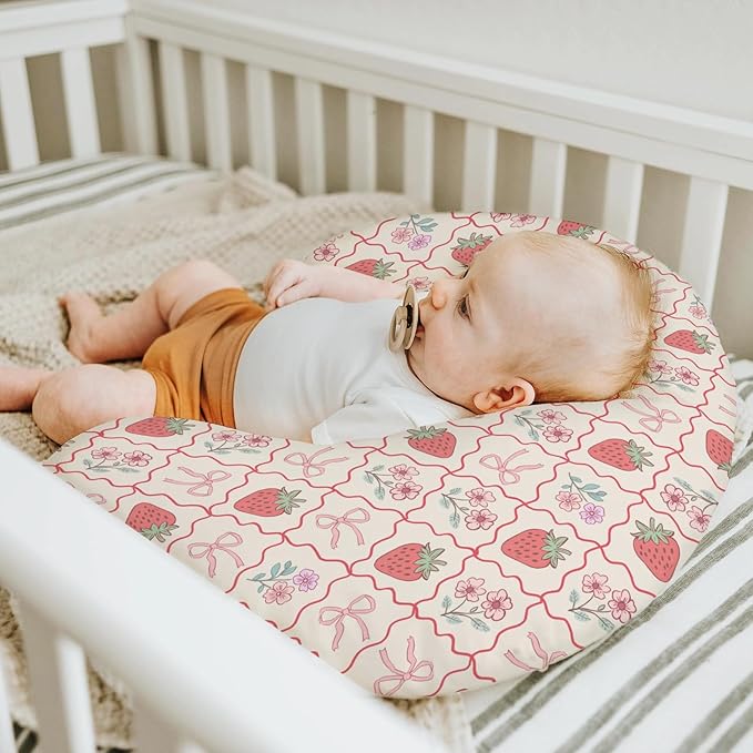Boho Strawberry Flowers Baby Nursing Pillow Covers for Girl Strawberries Pink Bows Checkerboard Nursing Slipcovers for Breastfeeding Pillows Summer Fruit Soft Stretchy Cover for Newborn Infant