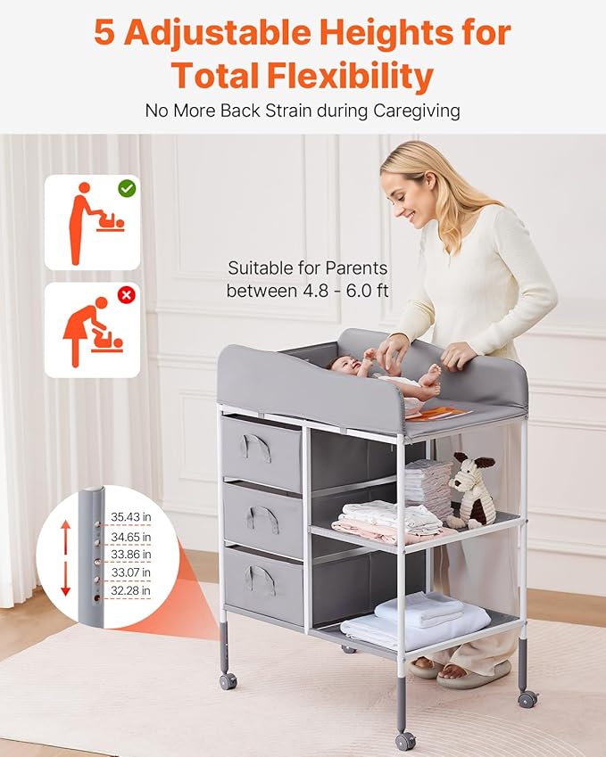 VEVOR Baby Changing Table, Adjustable Height Diaper Change Station with 3 Fabric Drawers & Lockable Wheels, Portable Multifunctional Changing Station Table with Storage Organizer Nursery, Gray