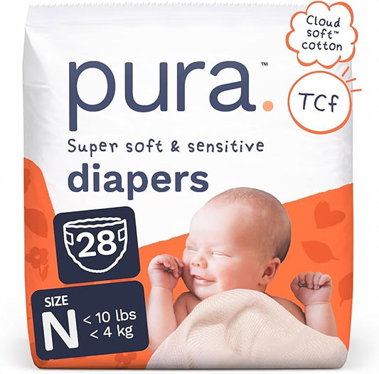 Pura Newborn Baby Diapers - Size N (Up to 10 lbs), 28 Count, Cloud Soft Disposable Diapers for Sensitive Skin, Totally Chlorine Free, Blowout Blocker & Wetness Indicator