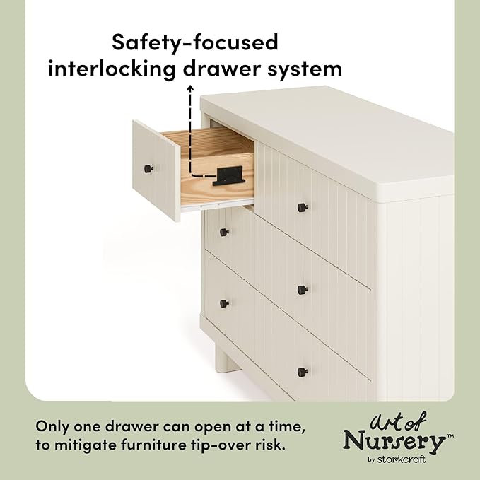 Storkcraft Kyoto 6 Drawer Dresser (Frosted Oat) - GREENGUARD Gold Certified, Nursery & Kids' Bedroom, Safety Interlocking Drawer System, & Easy Assembly with Pre-Installed Tracks