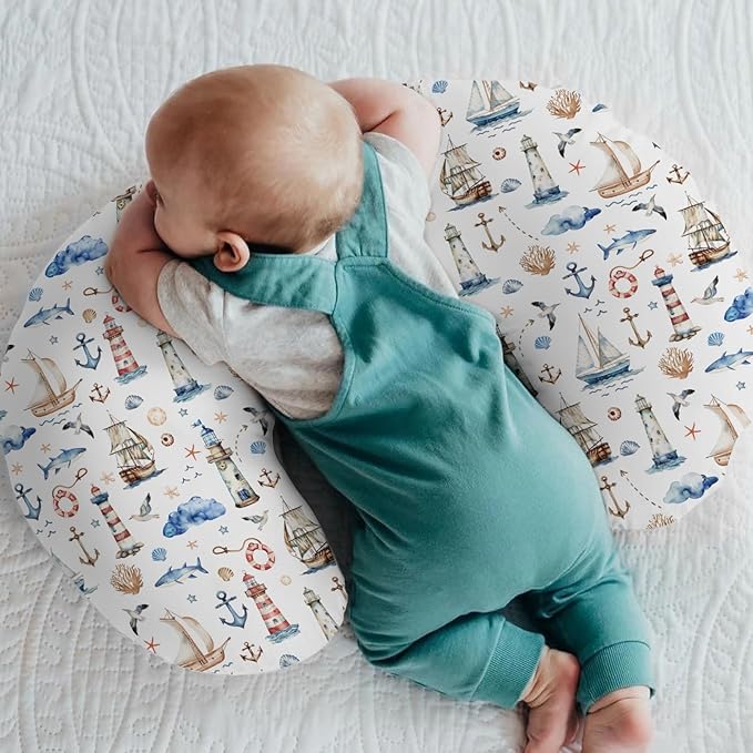 Sailing Adventure Baby Nursing Pillow Covers for Boy Girl Sea Lighthouse Ship Anchors Whale Shells Nursing Pillowcase for Breastfeeding Pillows Boho Beach Summer Soft Stretchy Slipcovers for Newborn