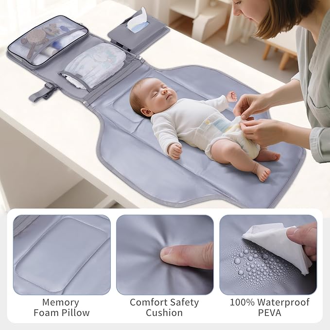 CEICEI Portable Diaper Changing Pad Waterproof Travel Baby Changing Mat with Large Wet/Dry Pocket & Elastic Wipes Pockets, Foldable Compact for On-The-Go Diaper Changer (Grey)