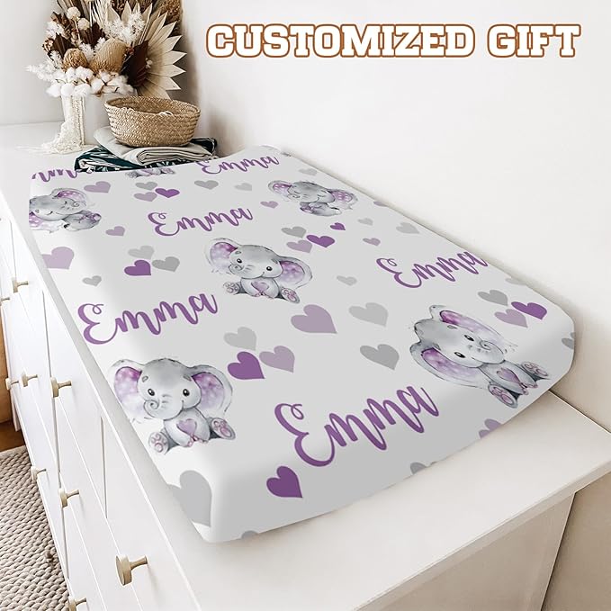 Personalized Baby Changing Pad Cover - 2 Piece Purple Elaphant Baby Pee Pad Cover Nursery Bedding with Name Portable Diaper Changing Pad Gifts for Infant