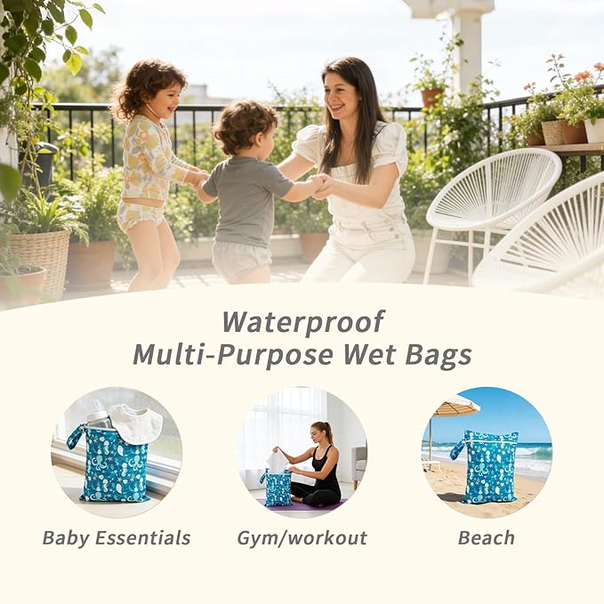 Happy Flute 3 Set Wet Bag Storage Bag Zipper Waterproof Washable Travel Bags, Beach, Pool, Gym Bag for Cloth Diaper, Swimsuits & Wet Clothes for Baby,11.8x15.7inch