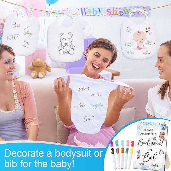 Roowest 35 Pcs Baby Shower Bibs Games Design Wooden Baby Shower Party Game Sign DIY Bodysuit Sign 15 White Blank Bibs 9 Bodysuit 10 Markers for Party Supplies(Bear)
