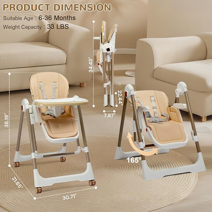 Ktaxon Folding Baby High Chair, Adjustable Height Highchair with Backrest, Dual-Layer Tray and 5-Point Safety Harness for Toddlers & Babies, Beige