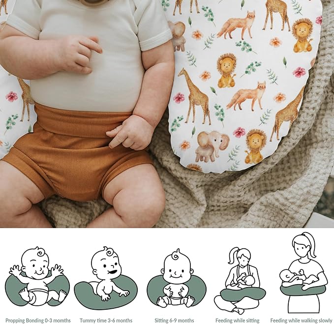 Watercolor Safari Animals Baby Nursing Pillow Covers for Boy Girl Lion Giraffe Elephant Floral Leaves Nursery Pillowcase for Breastfeeding Pillows African Jungle Soft Stretchy Slipcover for Infant