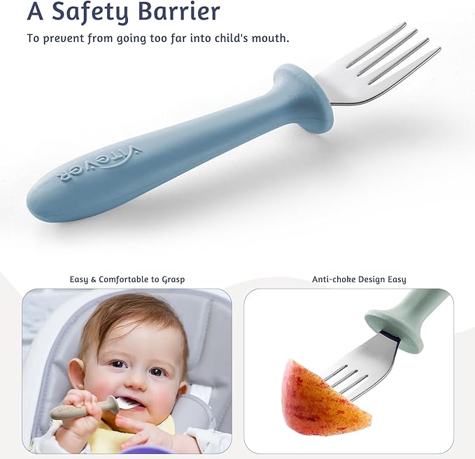 6 Pieces Toddler Forks, 18/8 Stainless Steel Kids Safe Utensils Set BPA Free, Children's Silverware Set with Silicone Round Handle for Self Feeding, Dishwasher Safe