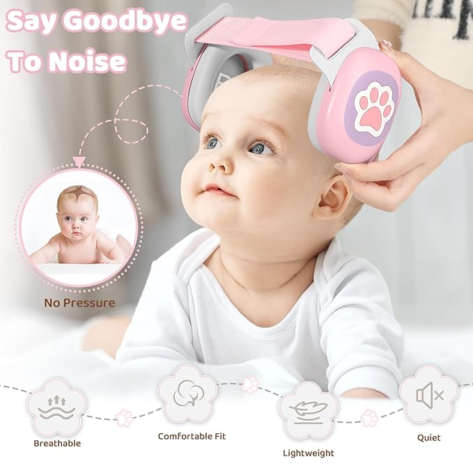 YomauiYee Baby Headphones,Infant Noise Cancelling Earmuffs with Cat Paw Pattern,Infant Ear Protection for Babies 0-48 Months,Baby Travel Essentials for Airplane/Improves Sleep