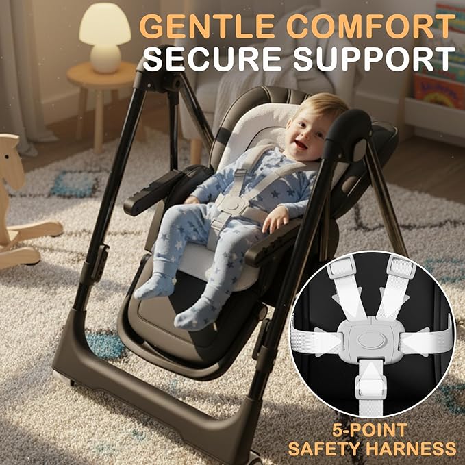 3-in-1 High Chairs for Babies and Toddlers, Foldable Baby High Chair with Rocking Mode, 5 Height Levels, Adjustable Backrest & Footrest, Lockable Wheels (Black)