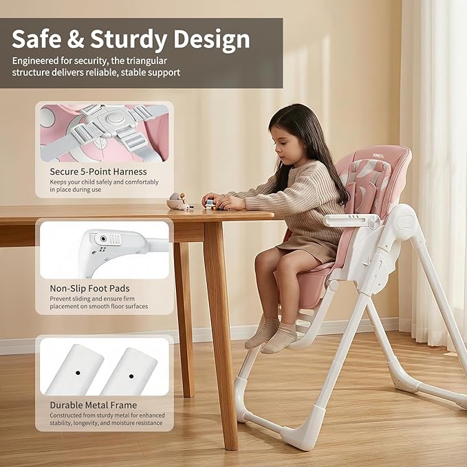 High Chair for Babies and Toddlers, Baby High Chair with Removable Tray, Adjustable Backrest, Footrest Height Settings, Space-Saving Design, Foldable, Pink