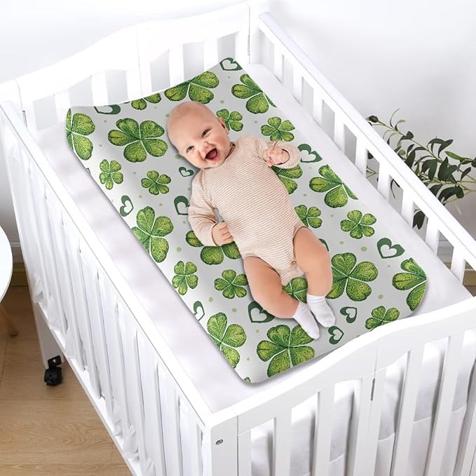 St. Patrick Changing Table Pad Cover Green Leaves Changing Pad Covers Heart Changing Pad Cover Breathbale Portable 32''*16''Changing Pads Nursery Decor