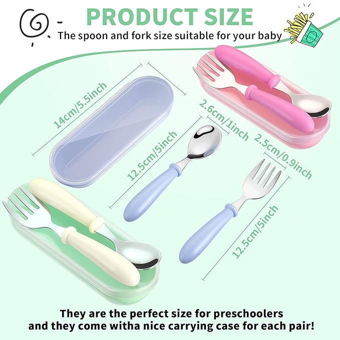 Patelai 9 Pcs Toddler Utensils with Case Stainless Steel Fork and Spoon Set Safe Baby Silverware Children Flatware Kids Cutlery with Round Handle for Lunchbox, Dishwasher Safe(White, Rose Red, Blue)