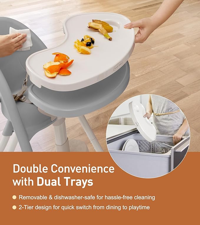 Mallify Foldable High Chair, Space-Saving Portable Baby High Chair with Removable Double Tray, Modern Convertible Baby Feeding Chair, Lightweight, Easy to Clean, Gray
