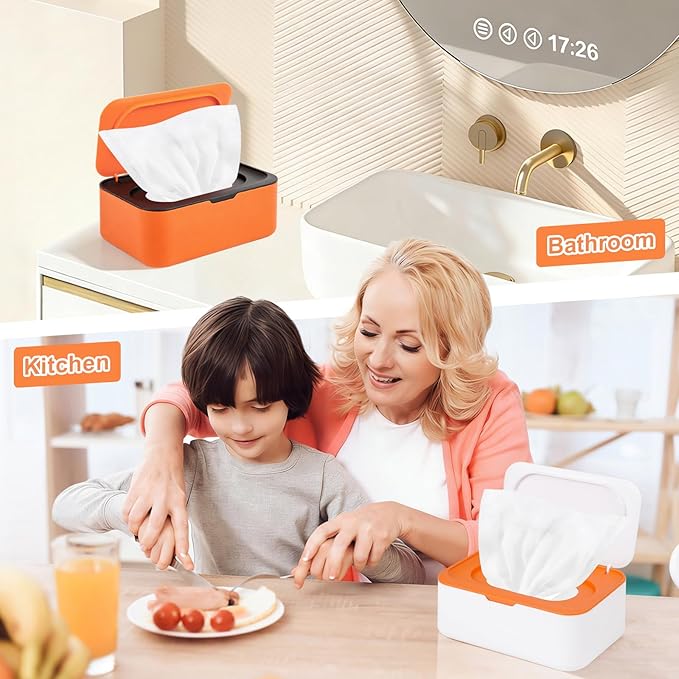 2Pcs Wipe Dispenser, Reusable Baby Wipe Holder Refillable Wipes Container, Easy Open & Close Wipes Pouch Case with Lid for Bathroom Baby Nursery Kitchen Office Travel (Orange)