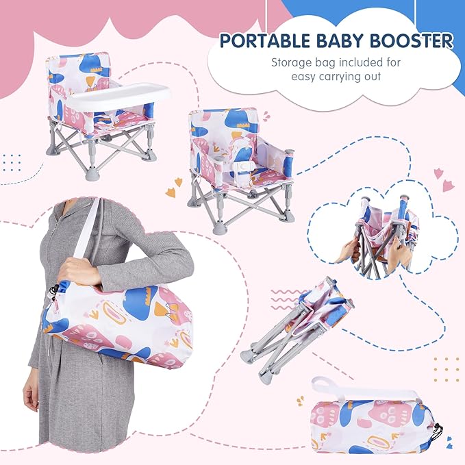 Portable Baby Chair, Folding Booster Seat with Tray for Dining Table Compact Camping Chair for Lawn Beach Travel Babies 6-36 Months