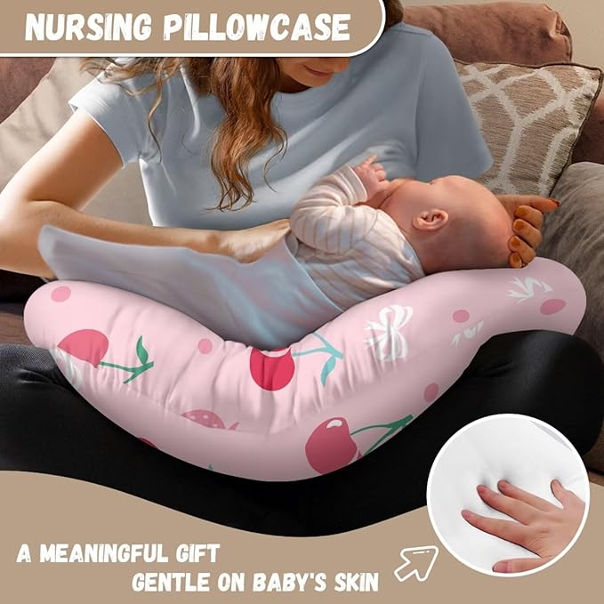 Cherry and Pink Strawberry Nursing Pillowcase Newborn U-Shaped Breastfeeding Pillowcase Cushion Cover Stretchy Replaceable Pillow Cover Slipcover