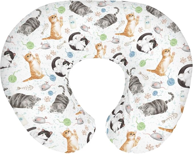 Cute Cat Baby Nursing Pillow Covers for Boy Girl Watercolor Cat Paws Mouse Toy Balls Neutral Nursery Pillowcase for Breastfeeding Pillows Cats Lovers Gift Soft Stretchy Slipcovers for Newborn Infant