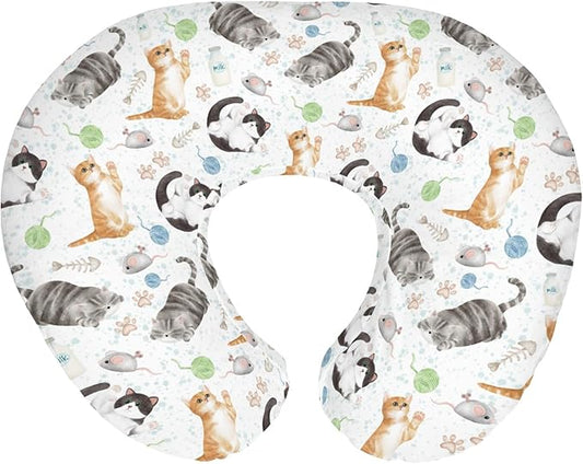 Cute Cat Baby Nursing Pillow Covers for Boy Girl Watercolor Cat Paws Mouse Toy Balls Neutral Nursery Pillowcase for Breastfeeding Pillows Cats Lovers Gift Soft Stretchy Slipcovers for Newborn Infant