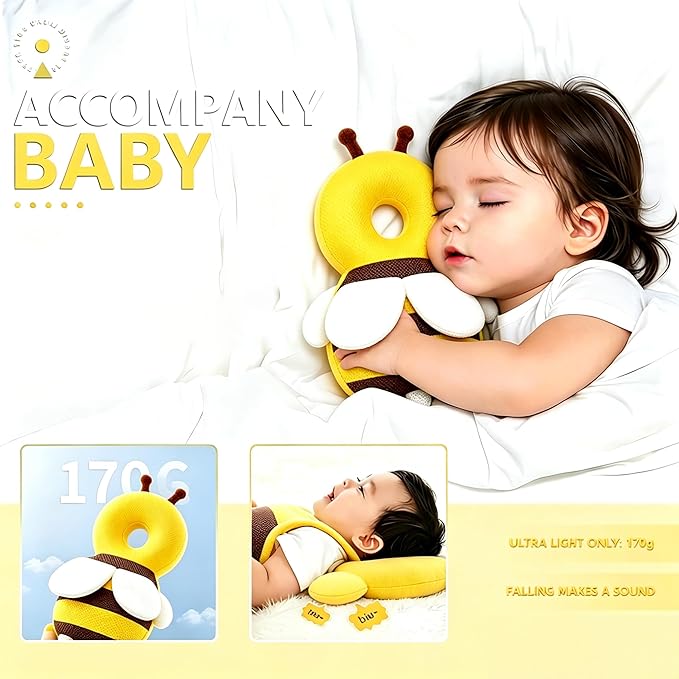 Baby Head Protector Backpack, Soft Breathable Safety Cushion for Walking and Crawling, Unisex Toddler, Yellow Bee