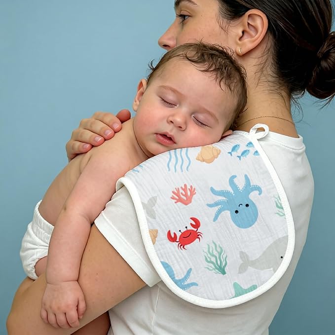 5-Pack Baby Burp Cloths for Boys,100% Muslin Cotton Super Absorbent Burping Rags, Ultra Soft Large Washcloths with Whale & Seahorse Ocean Prints, Newborn Essentials Gift Set