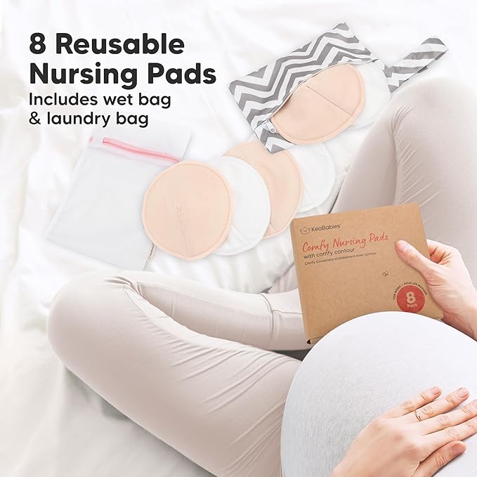 Organic Nursing Pads - 8 Washable Breast Pads for Breastfeeding, Wash Bag, Viscose Derived from Bamboo Reusable Nipple Covers for Breastfeeding Essentials, Soft & Absorbent(Bare Beige, L 5")