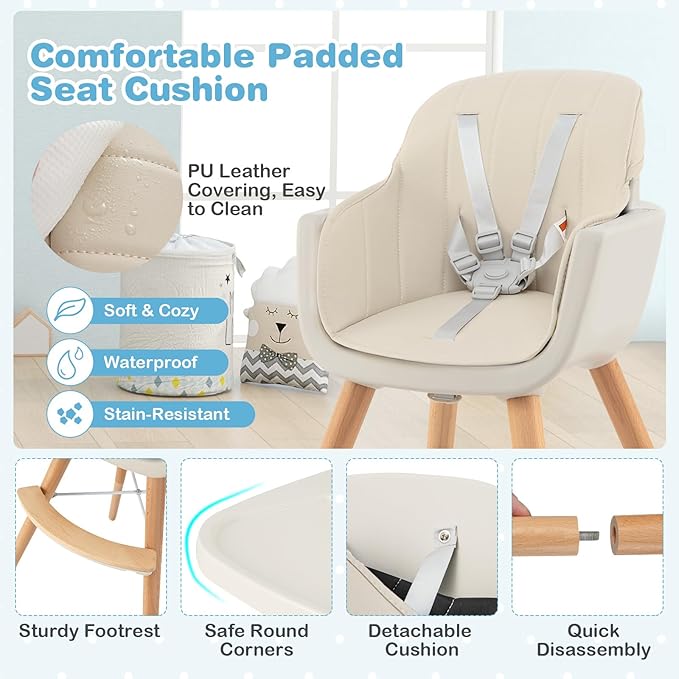 HONEY JOY Baby High Chair, 6-in-1 Eat & Grow Wooden Highchair/Toddler Chair with Removable Tray, 5-Point Harness, PU Cushion and Footrest, Convertible High Chair for Babies and Toddlers(Beige)