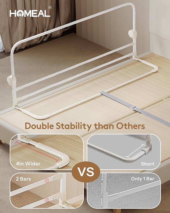 HOMEAL Toddlers Bed Rails, 47" Long Swing Down Bed Guard with Double Reinforced Stability, Foldable Metal Safety Rail for King, Queen, Full & Twin Beds, White