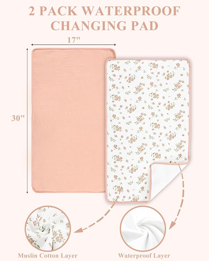 Waterproof Portable Changing Pad 2 Pack, Muslin Cotton Baby Changing Mat Comfortable & Breathable, Foldable Diaper Changing Pad for Travel, Machine Washable, Flower & Pink