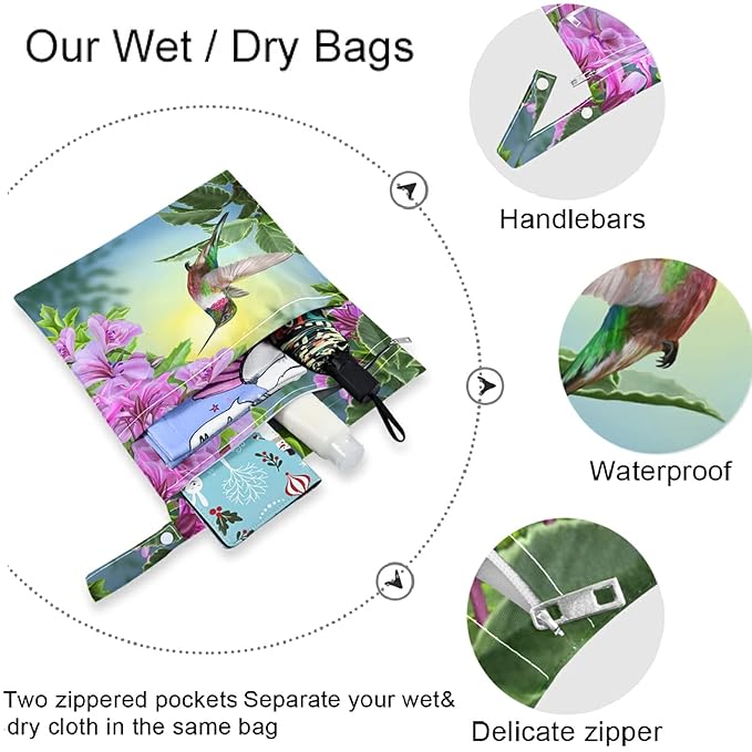 visesunny Spring Bird Hummingbird Hibiscus Flowers Summer Welcome 2Pcs Wet Bag with Zippered Pockets Washable Reusable Roomy Diaper Bag for Travel,Beach,Daycare,Stroller,Diapers,Dirty Gym Clothes
