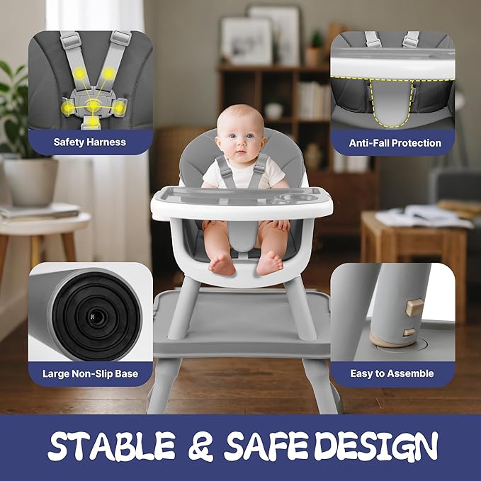5 in 1 Baby High Chair, Toddler Chair with Removable Tray, Convertible High Chairs for Babies and Toddlers, Kids Learning Table, Building Block Table, Dining Booster Seat with Safety Harness, Gray