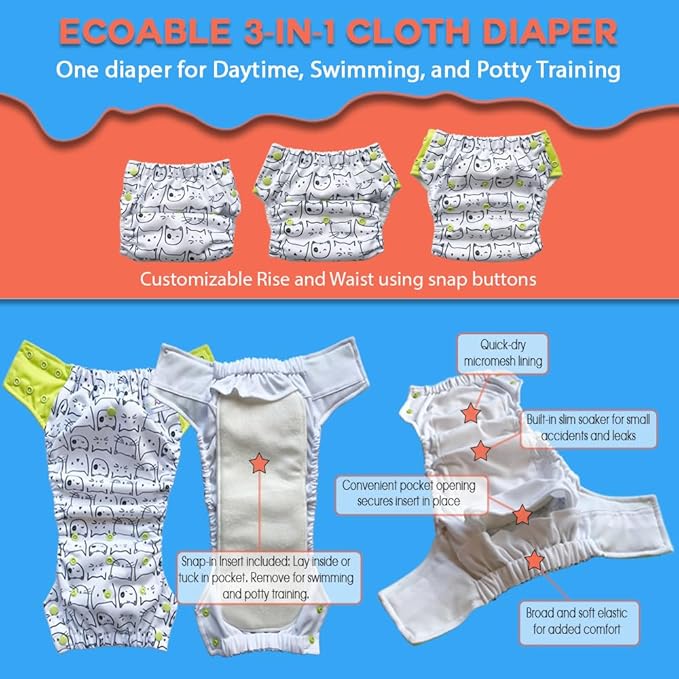 EcoAble Diaper Booster Pads – Snap-in Rayon Inserts for Cloth Diapers | Add Absorbency | Reusable & Trim Fit (Size 3 / Inserts ONLY, 3-Pack)