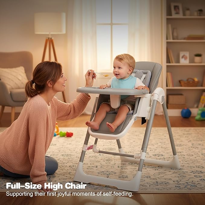 High Chairs for Babies and Toddlers Convert to Baby Rocker Foldable High Chair Adjustable Convertible with Reclining Seat & Leg Rest, 3-in-1 with Tool-Free Assembly (Grey)