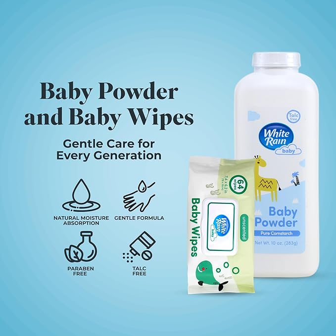 White Rain Pure Cornstarch Baby Powder Talc Free and Baby Wipes Unscented Bundle, 4 Packs of 64 Wet Wipes and 20 oz Powder, Hypoallergenic with Vitamin E, Gentle Care Essentials for Sensitive Skin