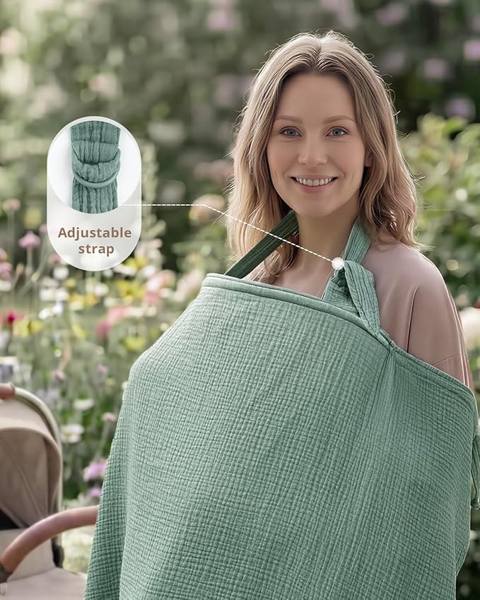 Blissful Diary Muslin Nursing Cover for Breastfeeding, Breathable Breastfeeding Cover up with Arch Neckline for Women, Nursing Apron (Roman Green)