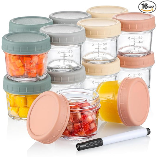 VITEVER 16 Pack Glass Baby Food Storage Containers, 4 oz Baby Food Jars with Plastic Lids, Small Baby Food Maker, Reusable Infant Freezer Container, Microwave, Dishwasher & Freezer Safe, BPA free