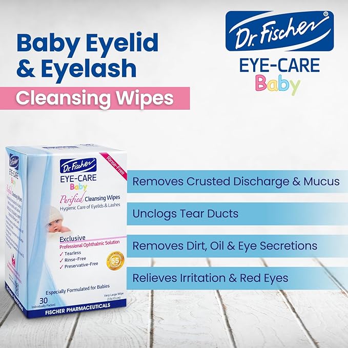 Dr. Fischer Premium Baby Eyelid Wipes, 60 Count, Pre-moistened, Hypoallergenic, Non-Irritating, Rinse Free, Pediatrician Recommended