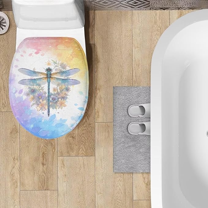 Dragonfly with Flower Toilet Cover Seat Flannel Fabric Bathroom Toilet Dust Covers Elastic Edges Stretch Washable Toilet Lid Covers for Bathroom Covers Stains, Stays Clean, Easy To Clean